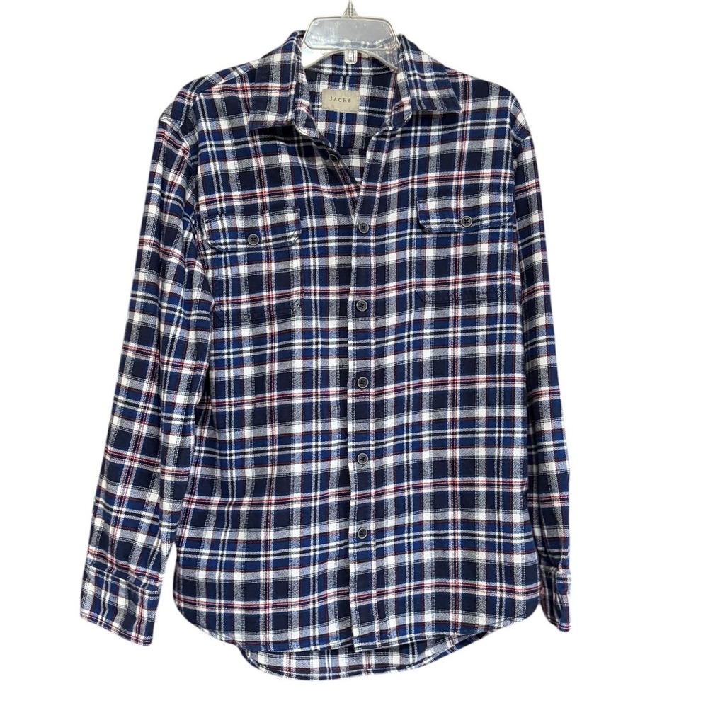 Jachs NY Mens Large Flannel Shirt Navy Blue Plaid Long Sleeve Button Down Cotton